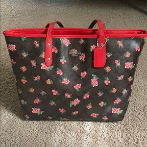 City Limited Edition Brown Red Floral Canvas Tote
